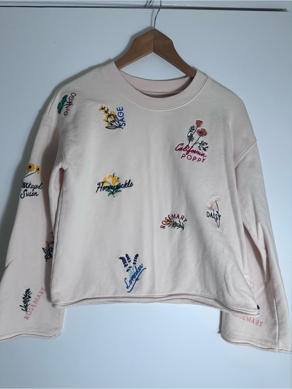 Madewell Botanical Embroidered Bell Sleeve Plant Floral Crewneck Sweater